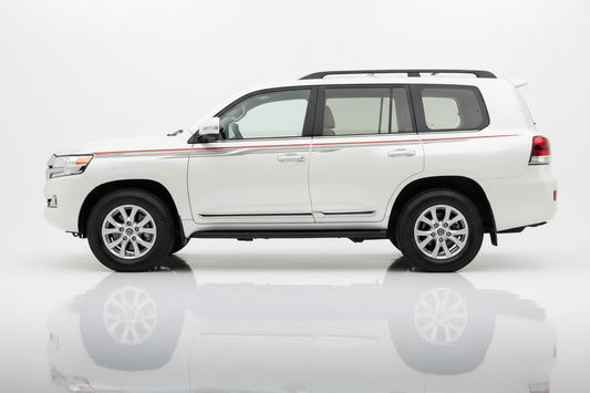 White Land Cruiser with red and grey stripes facing left