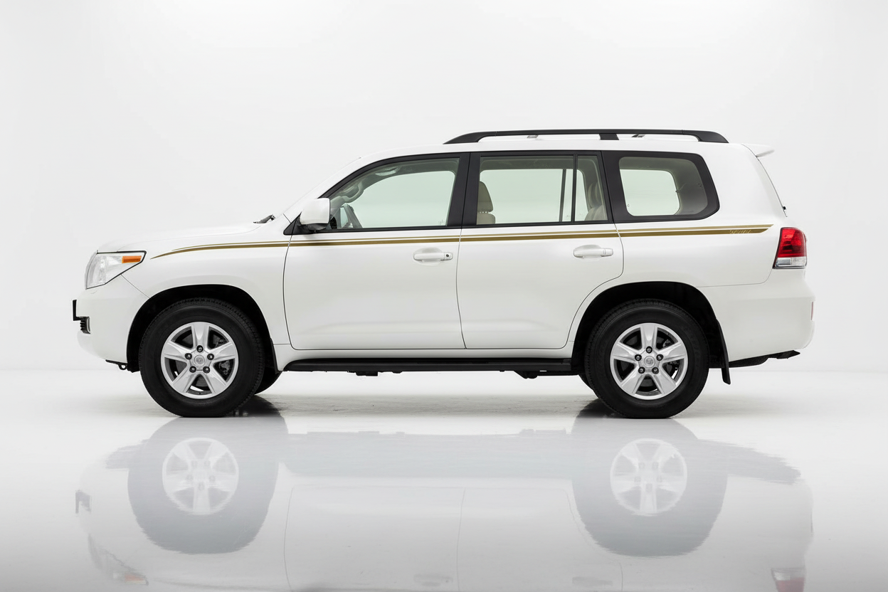 White Land Cruiser with simple gold stripe facing left