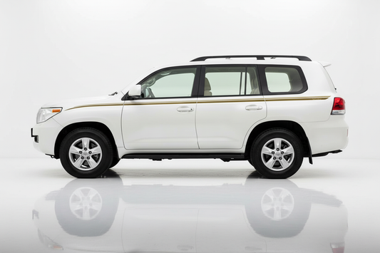 White Land Cruiser with simple gold stripe facing left