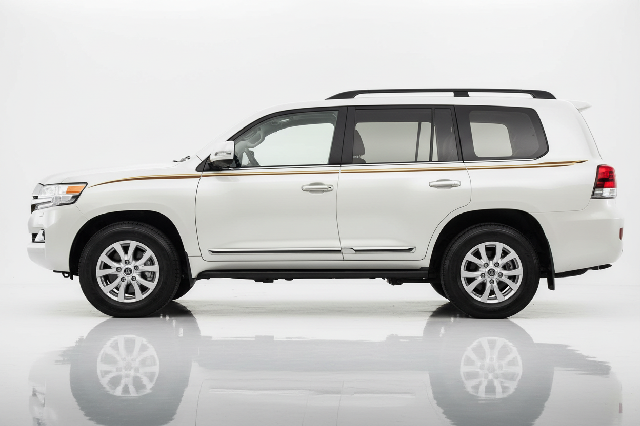 White Land Cruiser with simple gold stripe facing left