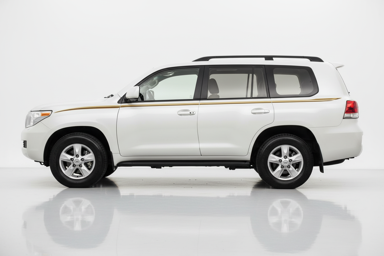 White Land Cruiser with simple gold stripe facing left