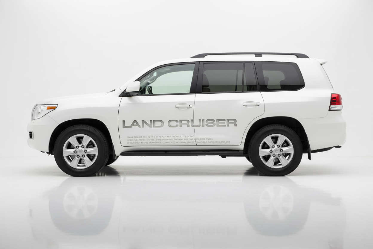 White Land Cruiser with text graphics facing left