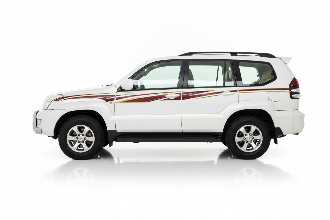 White Prado with burgundy and gold flowing stripes
