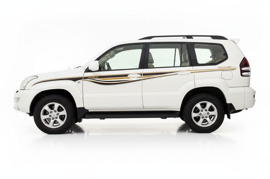 White Prado with gold and black flowing stripes
